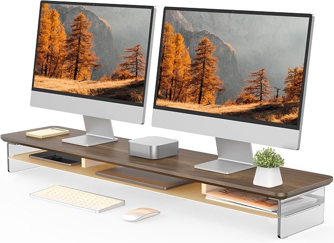 Fenge Acrylic Monitor Stand, 42.5 Inch Clear Dual Monitor Riser with Metal Storage, 2 Tier Computer Riser with LED Lights for Desk, Laptop, Printer, TV
