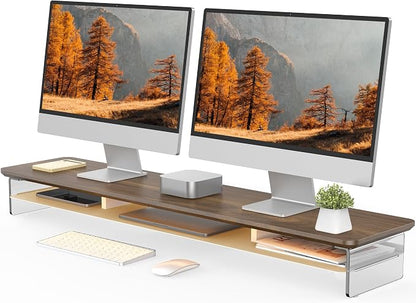 Fenge Acrylic Monitor Stand, 42.5 Inch Clear Dual Monitor Riser with Metal Storage, 2 Tier Computer Riser with LED Lights for Desk, Laptop, Printer, TV