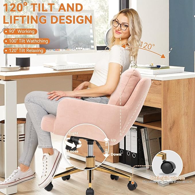 Flannel Office Chair, Comfy Home Office Desk Chairs with Lumbar Support, Modern Velvet Desk Chair Gold Legs Small Swivel Task Chair for Home Office, Bedroom, Study (Pink, L)
