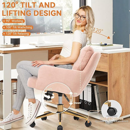 Flannel Office Chair, Comfy Home Office Desk Chairs with Lumbar Support, Modern Velvet Desk Chair Gold Legs Small Swivel Task Chair for Home Office, Bedroom, Study (Pink, L)