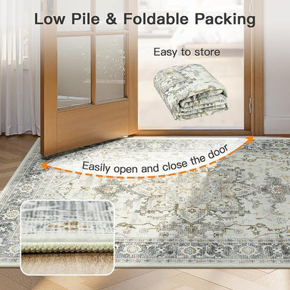 Lofus 9x12 Area Rugs for Living Room, Machine Washable Non-Slip Area Rug, Low Pile Large Rugs for Bedroom, Kitchen, Dining Room, Home Office, Vintage Oriental Print Rug, Taupe Grey
