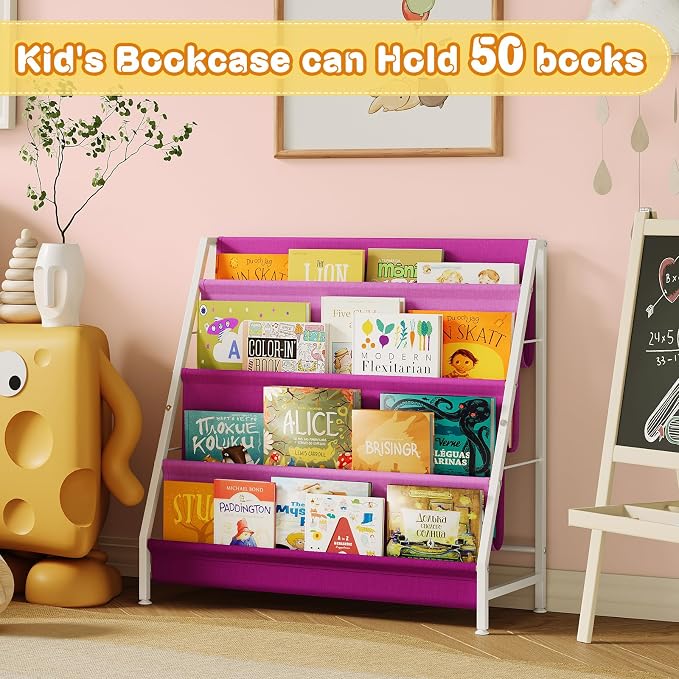 Aokitsink Kids Bookshelf for Kids Rooms, 4-Tier Montessori Bookshelf,Nursery Book Shelves,Pink Toddler Bookshelf, Metal Kid's Book Storage Organizer for Girls Room Furniture Playroom Kindergarten