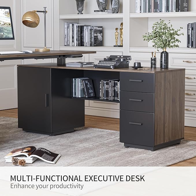 FEZIBO L Shaped Standing Desk, 63 inch Executive Standing Desk, Adjustable Height Desk with Storage Drawers for Home Office, Deep Wood Grainy
