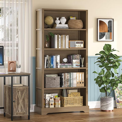 TVU 5-Tier Wooden Bookshelf, 65" Tall Farmhouse Style Open Bookcase, 31.5" W Standing Book Shelf with Storage, Suitable for Study, Living Room, Office, Teak