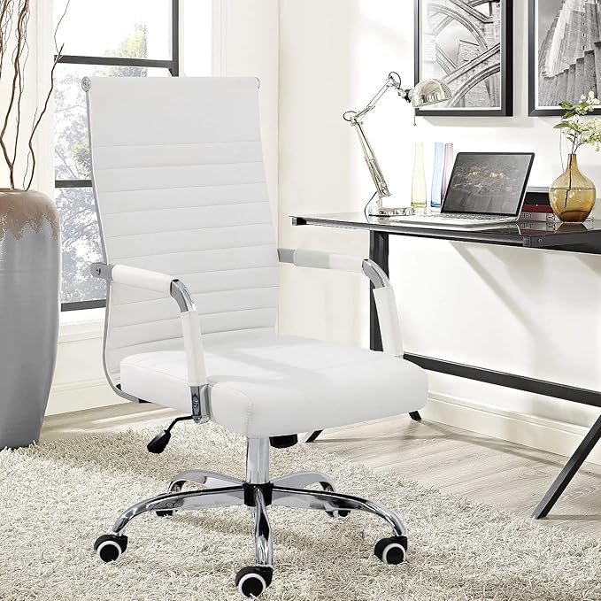 KaiMeng Ribbed Office Desk Mid Back Computer Chair Height Adjustable Conference Executive Task Swivel PU Leather (White)