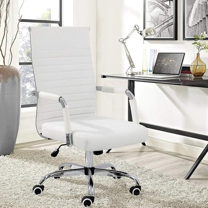 KaiMeng Ribbed Office Desk Mid Back Computer Chair Height Adjustable Conference Executive Task Swivel PU Leather (White)