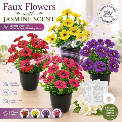 Der Rose 4 Pack Small Fake Plants with Fragrance Discs Spring Faux Flowers in Black Pots Artificial Plants Indoor for Bathroom Room Office Desk Decor