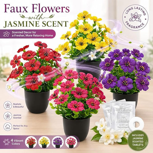 Der Rose 4 Pack Small Fake Plants with Fragrance Discs Spring Faux Flowers in Black Pots Artificial Plants Indoor for Bathroom Room Office Desk Decor