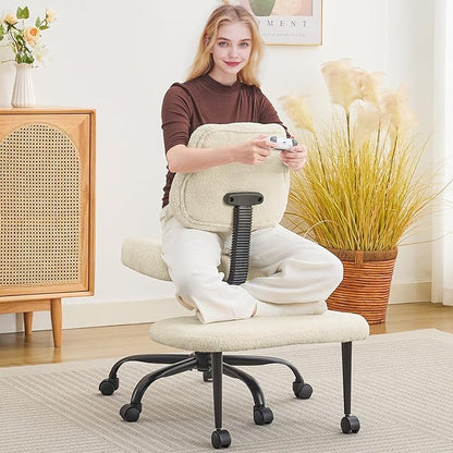 Criss Cross Legged Meditaion Chair,Exquisite Home Office Furniture,Ergonomic Kneeling with Lumbar Support and Adjustable Height Stool,for ADHD Adults,Teddy Fabric (Beige, Teddy Fabric)