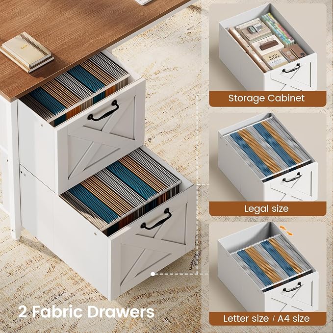 SEDETA Farmhouse L Shaped Desk with Hutch, Reversible 86.6" Computer Desk with Power Outlet, Drawers and LED Light for Home Office/Two Person, Corner Desk with Storage Shelves, White and Brown