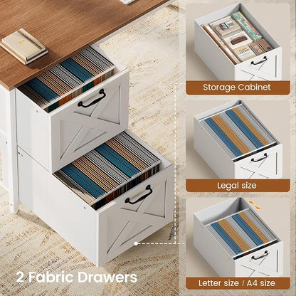 SEDETA Farmhouse L Shaped Desk with Hutch, Reversible 86.6" Computer Desk with Power Outlet, Drawers and LED Light for Home Office/Two Person, Corner Desk with Storage Shelves, White and Brown