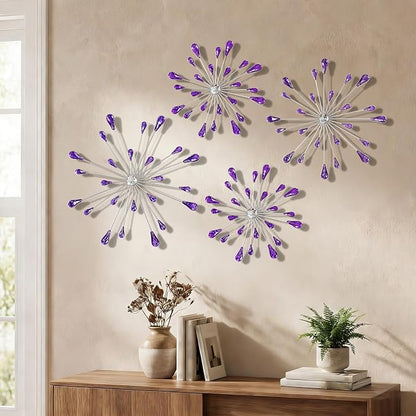ZEXUIRU 4 Set Silver Starburst Wall Art for Home Decor Metal Bling Crystal Rhinestones Sunburst Wall Decor Sparkling Rhinestone Art Accent -Purple 13in/11.8in/9.8in/9.8in