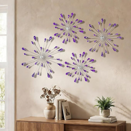 ZEXUIRU 4 Set Silver Starburst Wall Art for Home Decor Metal Bling Crystal Rhinestones Sunburst Wall Decor Sparkling Rhinestone Art Accent -Purple 13in/11.8in/9.8in/9.8in