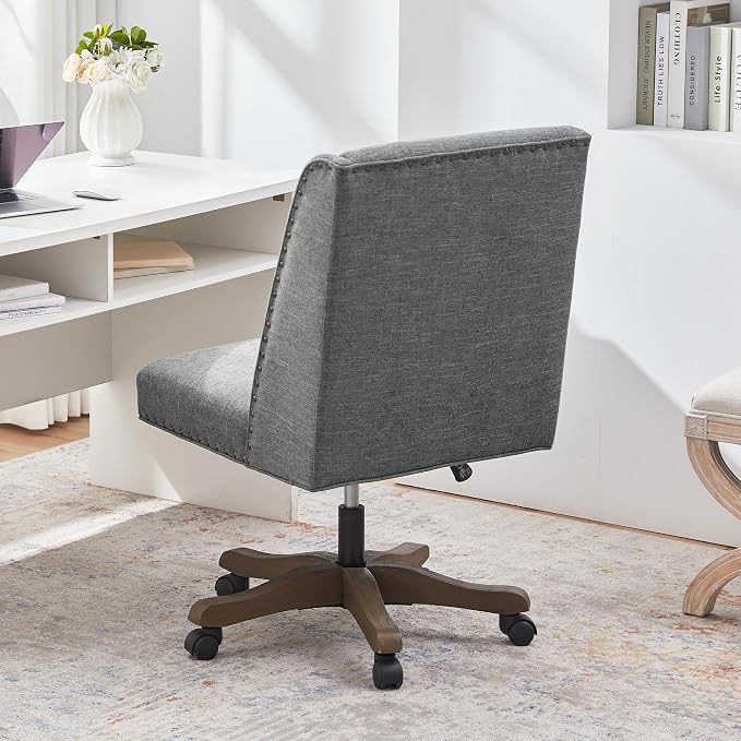 Zihanhome Upholstered Armless Home Office Chair with Wooden Legs, Modern Office Desk Chair No Arms Sewing Chair Adjustable Swivel Desk Chair for Farmhouse Office Study Studio (Dark Gray)