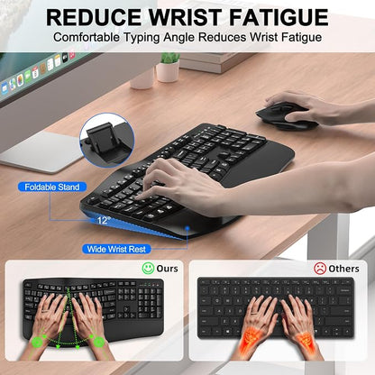 Wireless Keyboard and Mouse Combo, Ergonomic Wave Keys (Black) | 2.4G Full Size Wave Keyboard with Wrist Rest, 3-Level DPI Adjustable Ergonomic Mouse for Windows and Mac OS Desktop/Laptop/PC