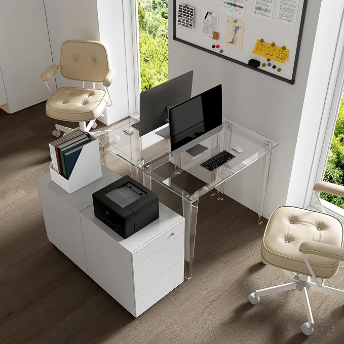 HMYHUM Acrylic Computer Desk, Modern Study Desk for Home, Office, Writing, Vanity, Easy Assembly Right-Angle Legs Design, Clear, 35.4" L x 19.7" W x 29.5" H