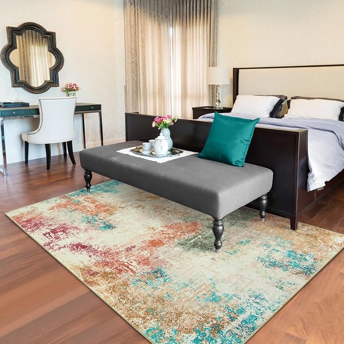 Lahome Abstract 6x9 Area Rugs for Living Room, Machine Washable Ultra Thin Bedroom Rug Stain Resistant, Low-Pile Soft Indoor Modern Colorful Large Throw Carpet for Office Dining Room