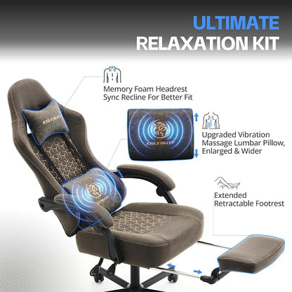 Desk Computer Gaming Chair - Ergonomic Game Office Chair with Extended Footrest and Massage Lumbar Support, Home Gamer Video Game Chairs with Spring Cushion for Adults (Pro Grey Leather)