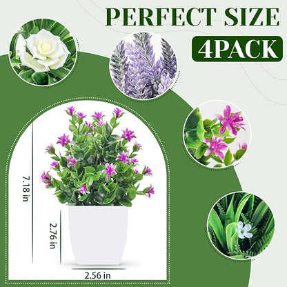 Der Rose 4 Pack Fake Plants Small Artificial Potted Faux Plants with Flowers for Home Bathroom Living Room Office Decor Indoor