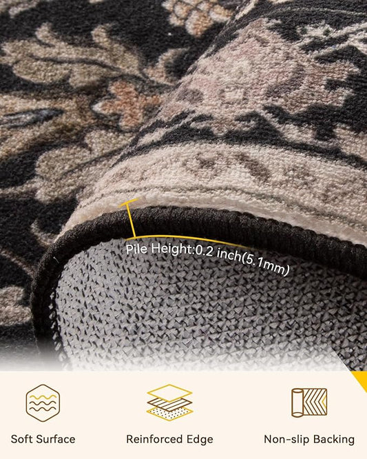 RELEANY Area Rugs Square 4ft Washable Non-Slip, Floral Vintage Distress Medallion Carpet for Living Room Bedroom Dining Room, Black Brown Neutral Dark Tan