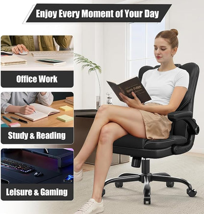 Ergonomic Office Chair with Flip-Up Armrests, Mid Back Executive PU Leather Desk Chair, Height Adjustable with Lumbar Support, Rocking & Swivel Computer Chair for Home Office