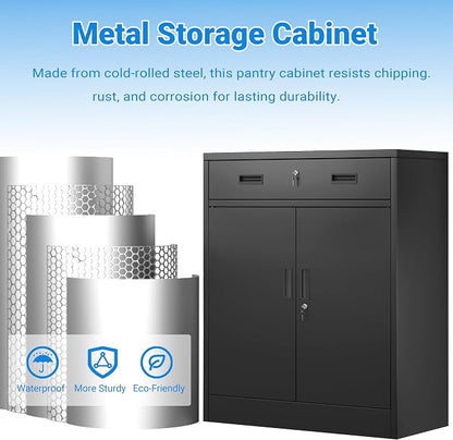 BESFUR Metal Storage Cabinet with Doors and Shelves, 36" H Locking Storage Cabinet with 1 Drawers, Reinforced Heavy Duty Metal Cabinets for Garage, Office, Home(Black)