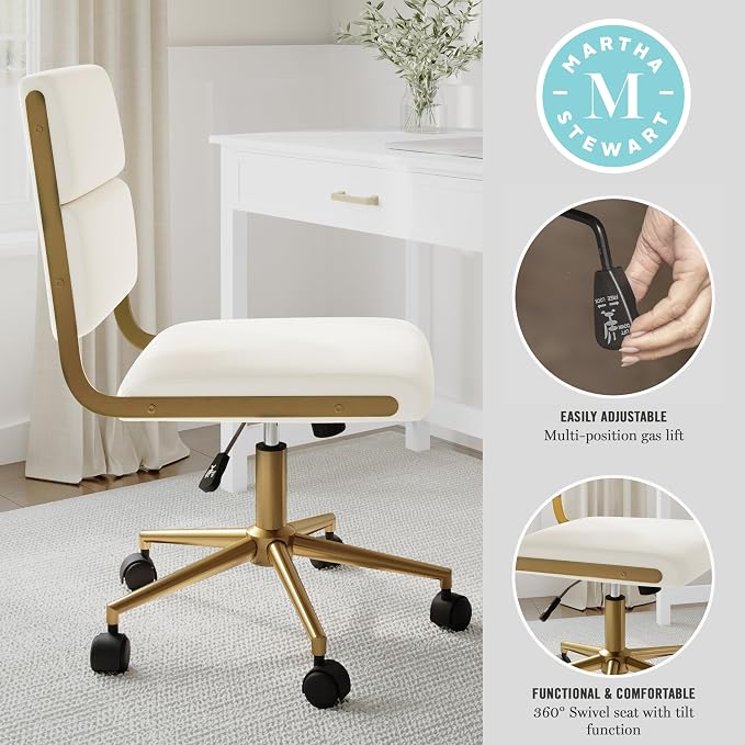 Martha Stewart Lulu Swivel Task Chair with Height Adjustable Seat for Home Office in Off White Faux Leather with Polished Brass Frame