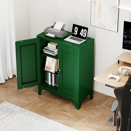 Green Metal Storage Cabinet, 36" Tall Locking Storage Cabinet with 2 Adjustable Shelves, Steel Locker Organizer, for Office, Home, School