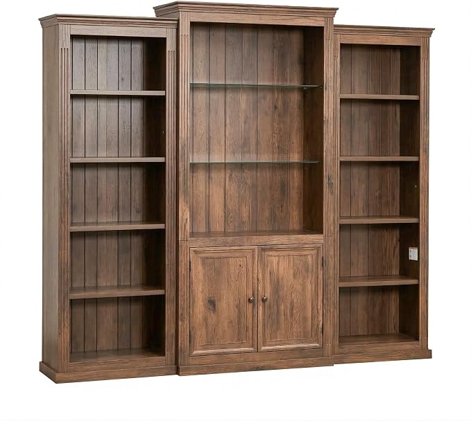 Merax 3-Pieces Brown Bookcase Collection Display Cabinet 87"x17"x79" Tall Bookshelf, Single Color Ceiling Light, 5 Shelf MDF Bookcase for Living Room, Home Office, Studio