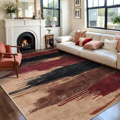 Ciicool Modern Abstract Red Black Rug for Living Room, 8'x10' Machine Washable Area Rug Non-Slip Rug, Low-Pile Contemporary Indoor Dining Floor Carpet for Bedroom Office Under Table Home Decor
