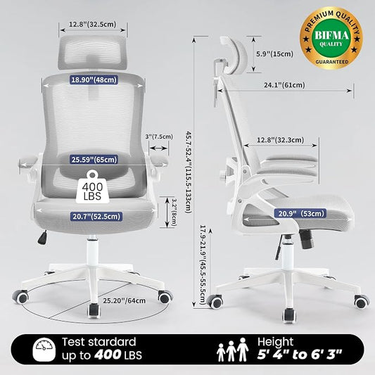 Fizzin Ergonomic Office Chair, 400 LBS Desk Chair with Adjustable Lumbar Support, High Back Breathable Mesh Computer Chair Rolling Work Swivel Task Chairs, Comfy Home Office Desk Chair (Gray)