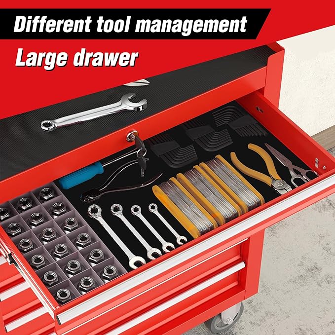 RYH 7 Drawers Rolling Tool Chest & Tool Box on Wheels | Heavy Duty Metal Cart with Ball Bearing Drawers | Fits US General Tool Box for Garage Storage (Red-6, 7 Drawers（29.6" H × 24.4" W × 13" D)
