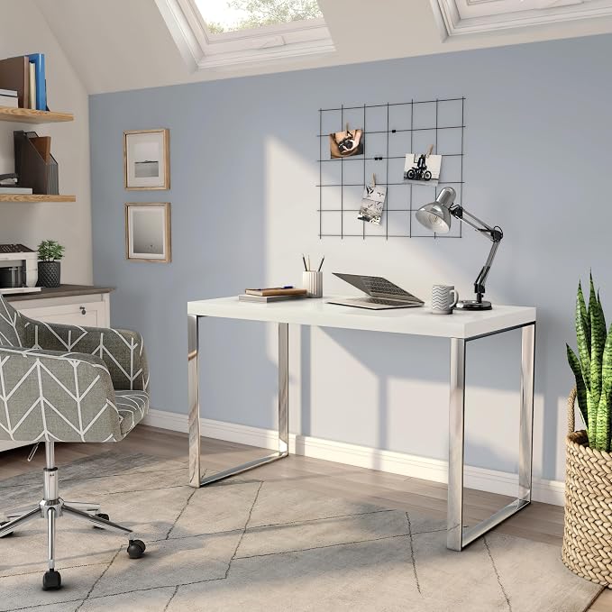 Euro Style Dillon 47" Home Office Writing Gaming Desk | Modern Industrial Elegance | Glossy Wood Finish | Professional-Grade Construction for Daily Use | White with Polished Stainless Legs