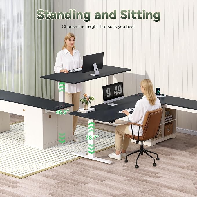 YOMILUVE Farmhouse L Shaped Standing Desk, 66 inch Corner Electric Standing Desk with Drawers ＆ Storage Shelves, Height Adjustable Computer Desk with Power Outlets for Home Office (Black and White)