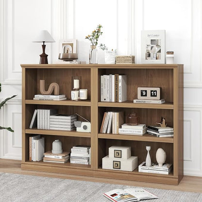 blini Bookshelf and Bookcase Set of 2, Wooden Oak Double Wide Large Bookshelves 3 Tier Bookshelf with Storage Cabinets for Living Room, Home Office, Library (Oak, 3-Shelf)