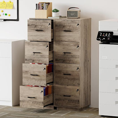 VINGLI 4 Drawer File Cabinet with Lock, Home Office Filing Organizer, for Letter Size File Folder Storage, Wood Tall Vertical Filing Cabinet, Printer Stand, Archivador (Rustic Gray)