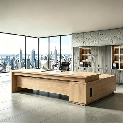 L Shaped Executive Desk with Drawers, Modern Large Wood Home Office Desk, Computer Desk with Storage for Boss Office Workstation