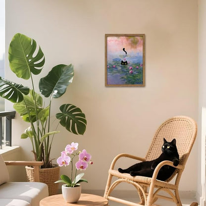 Vintage Framed Cat Canvas Wall Art Monet Print, Funny Black Cat in Water Lilies Poster, Monet Office Wall Decor, Floral Oil Painting Picture Artwork for Living Room Bathroom Aesthetic – 12x16 inch