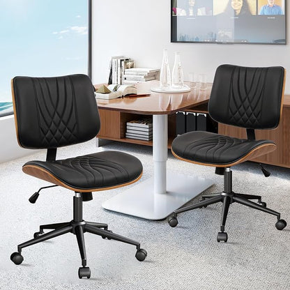 CLATINA Armless Home Office Chair, Desk Chair with Wheels, Adjustable Height Reading Chair, Leather Mid Back & Swivel Computer, Modern Walnut Chairs with Back for Study Meeting Room(Black) 4Pack