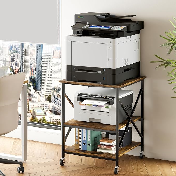 Warmiehomy 24"x24"x30" Large Printer Stand with Storage, 3 Tier Rolling Printer Cart Table, Mini Fridge Stand with Wheels, Use for 3D Laser Printer Home Office, Rustic Brown