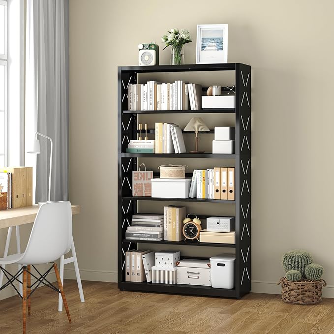 UNICOLY 5 Tier Black Bookshelf, 55" H Tall Bookshelf with 5 Storage Shelves, Heavy Duty Deep Shelves, Open Shelf Bookcase with 5 Bookends, Modern Display Shelves for Books, Toys, CD, W31×D10“