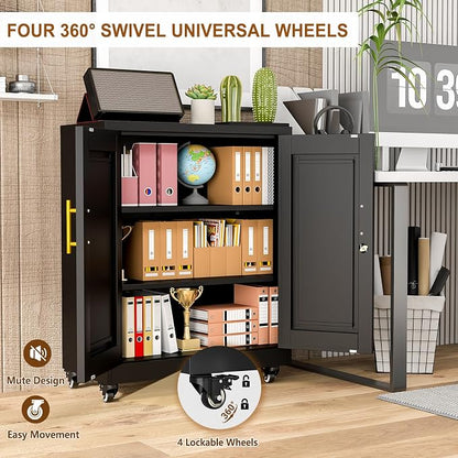 36" Metal Garage Storage Cabinet with Lock and Wheels,Rolling Steel Locker Organizer,Office File Cabinet with 2 Doors and 2 Adjustable Shelves,Tool Cabinets for Home Office,Gym,School (Black)