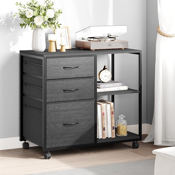 VINGLI 3 Drawer File Cabinet with Wheels Under Desk Printer Stand, Rolling File Cabinet with Shelves Adjustable, Mobile Lateral Filing Cabinet for Home Office, Fits Letter Size, Black