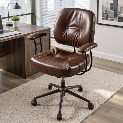 Ergonomic Home Office Chair, Mid-Century Faux Leather Home Office Desk Chairs with Wheels, Office Computer Chair with Rocking Swivel (Coffee,PU Leather)