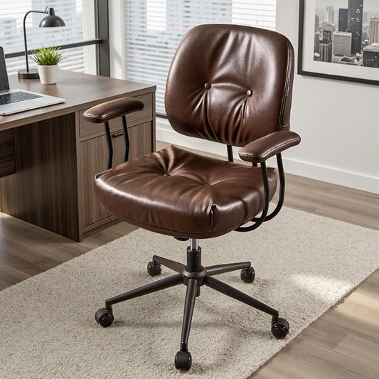 Ergonomic Home Office Chair, Mid-Century Faux Leather Home Office Desk Chairs with Wheels, Office Computer Chair with Rocking Swivel (Coffee,PU Leather)