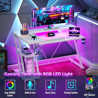 Korfile 40 Inch Gaming Desk with Power Outlet & LED Lights, L Shaped Computer Gaming Table with 3 Tiers Storage Shelves, Corner Gamer Desk with Monitor Stand for Small Space, Carbon Fiber White