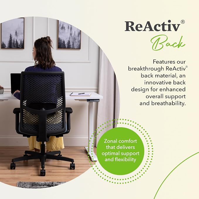 HON Ignition 2.0 ReActiv Ergonomic Office Chair, Mesh Desk Chair with Lumbar Support, Advanced Synchro‑Tilt, Height and Width Adjustable Arms, Swivel Wheels, Black Frame, Ocean