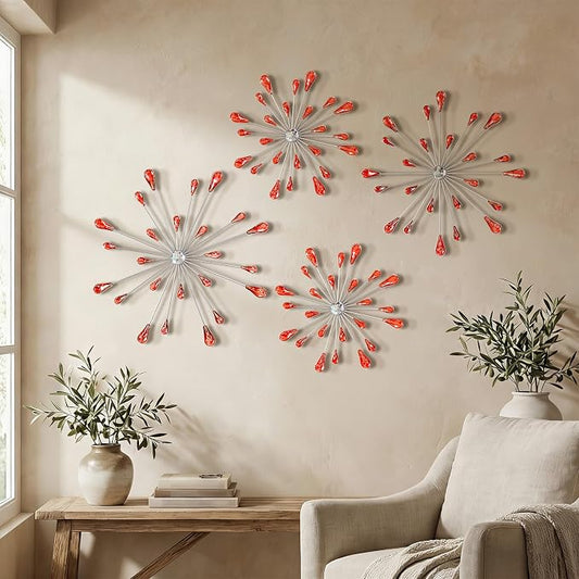 ZEXUIRU 4 Set Silver Starburst Wall Art for Home Decor Metal Bling Crystal Rhinestones Sunburst Wall Decor Sparkling Rhinestone Art Accent -Red 13in/11.8in/9.8in/9.8in
