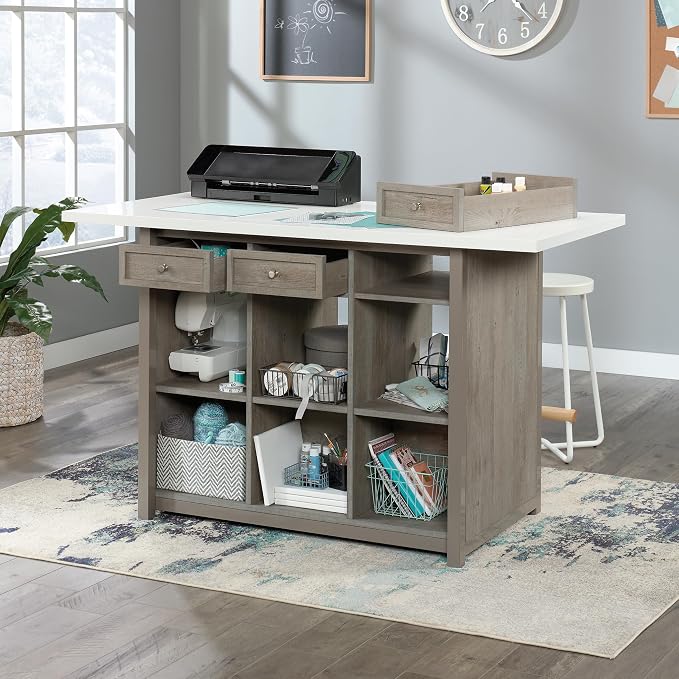 Sauder Craft Pro Series Durable Craft Work Table with Storage/Pantry cabinets, Mystic Oak Finish