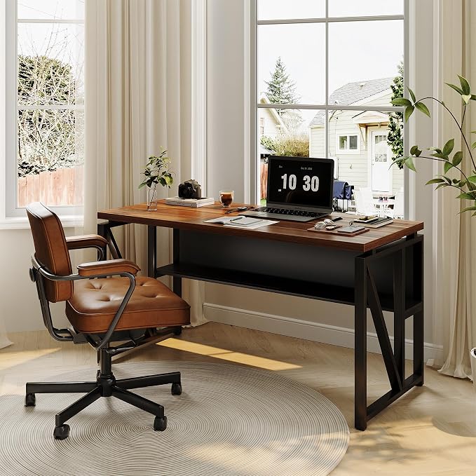 LITTLE TREE 55-Inch Executive Office Desk, Large Computer Desk with Storage Shelf, Executive Desk with Metal Frame, Thickened Desktop, Study Writing Desk Work Station for Home Office, Walnut Black